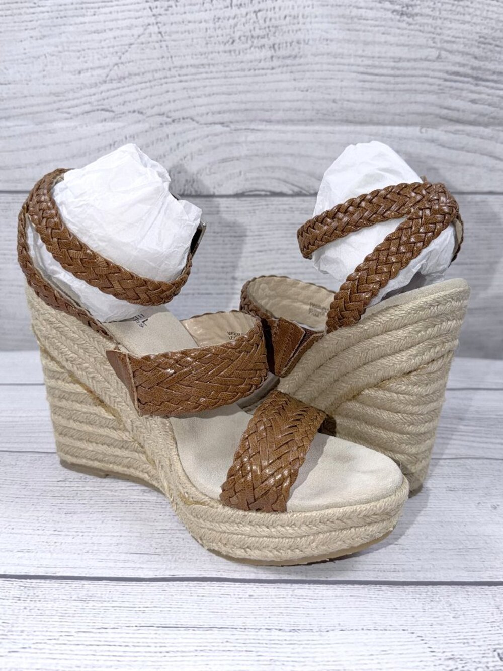 🤎 Michael Kors Juniper Peanut Braided Leather Espadrille Wedge Sandals 7.5M